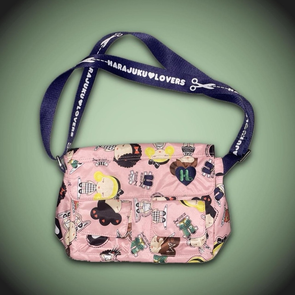 Harajuku Lovers Pink Character Print Messenger Bag with Navy Strap